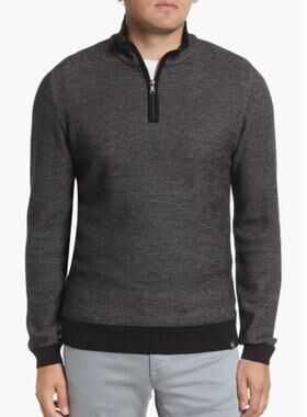 Brax Men's Large Elbow Patch Jacquard Wool Blend Quarter Zip Sweater  Black